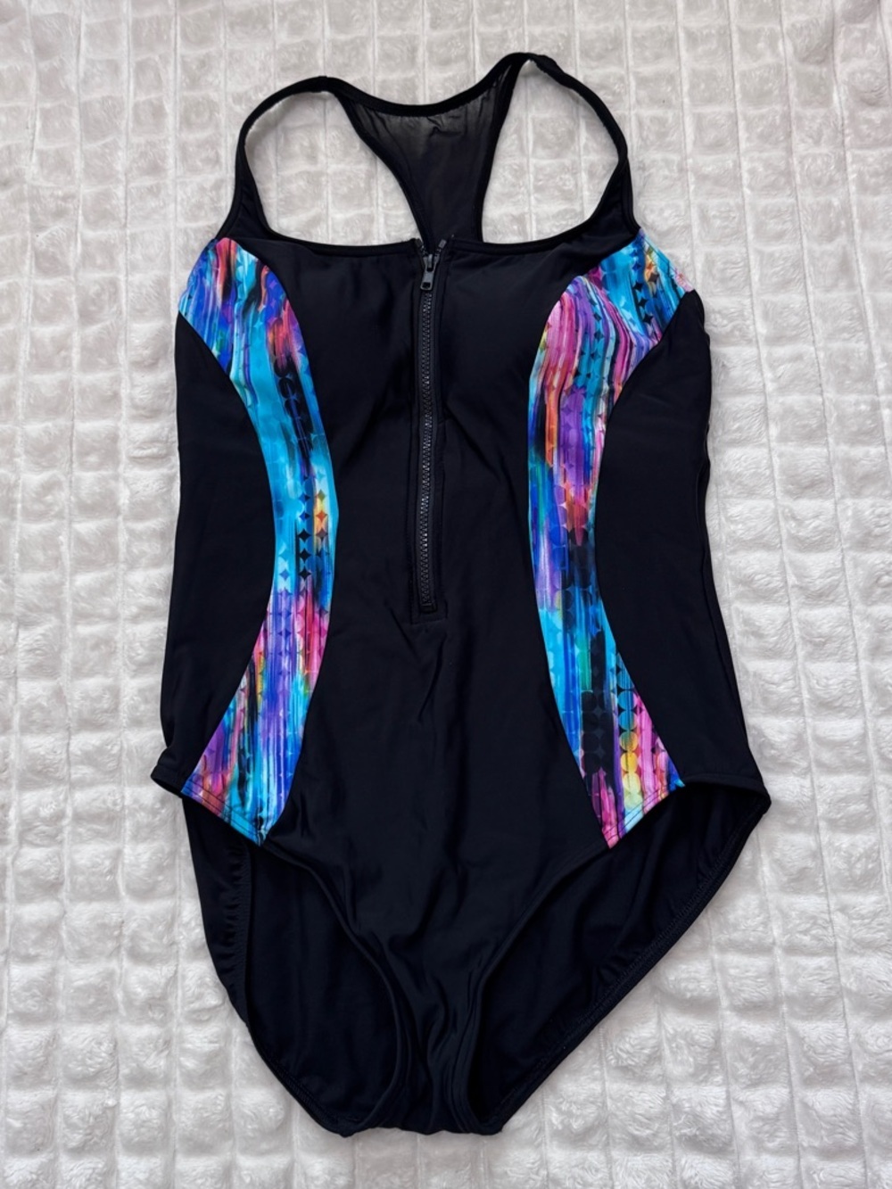 Miraclesuit 16 Black One Piece Swimsuit w/ Color Detail Zip Front Slimming